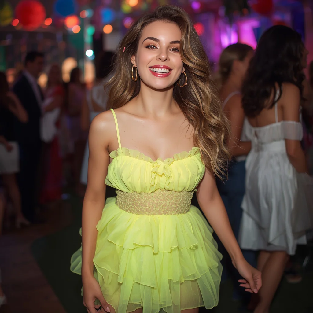 Playful Party Girl: A Ruffled Organza Mini Dress for a Fun Celebration | retro style prompt for gemini girl in english