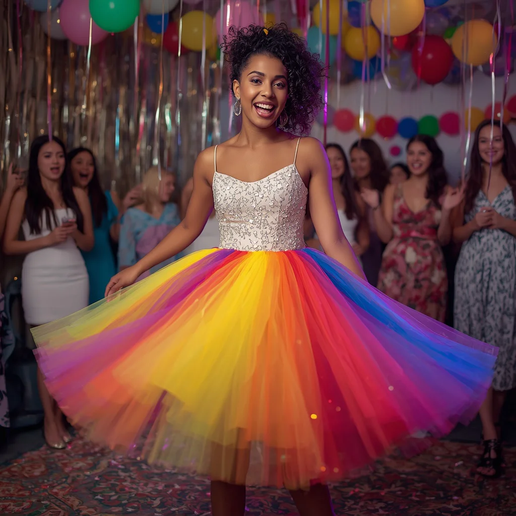 Playful Rainbow Tulle Midi Dress for a Whimsical Celebration | whatsapp dp ai prompt