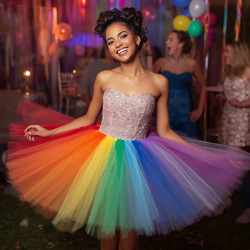Playful Rainbow Tulle Mini Dress with Strapless Design for a Festive Event | gemini ai prompt copy paste