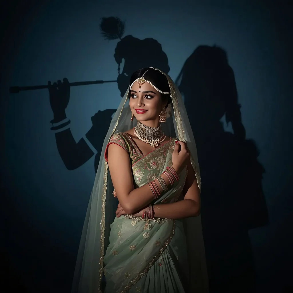 Radha’s Devotional Portrait with Krishna’s Shadow Silhouette | prompt for Gemini AI girl in traditional dress