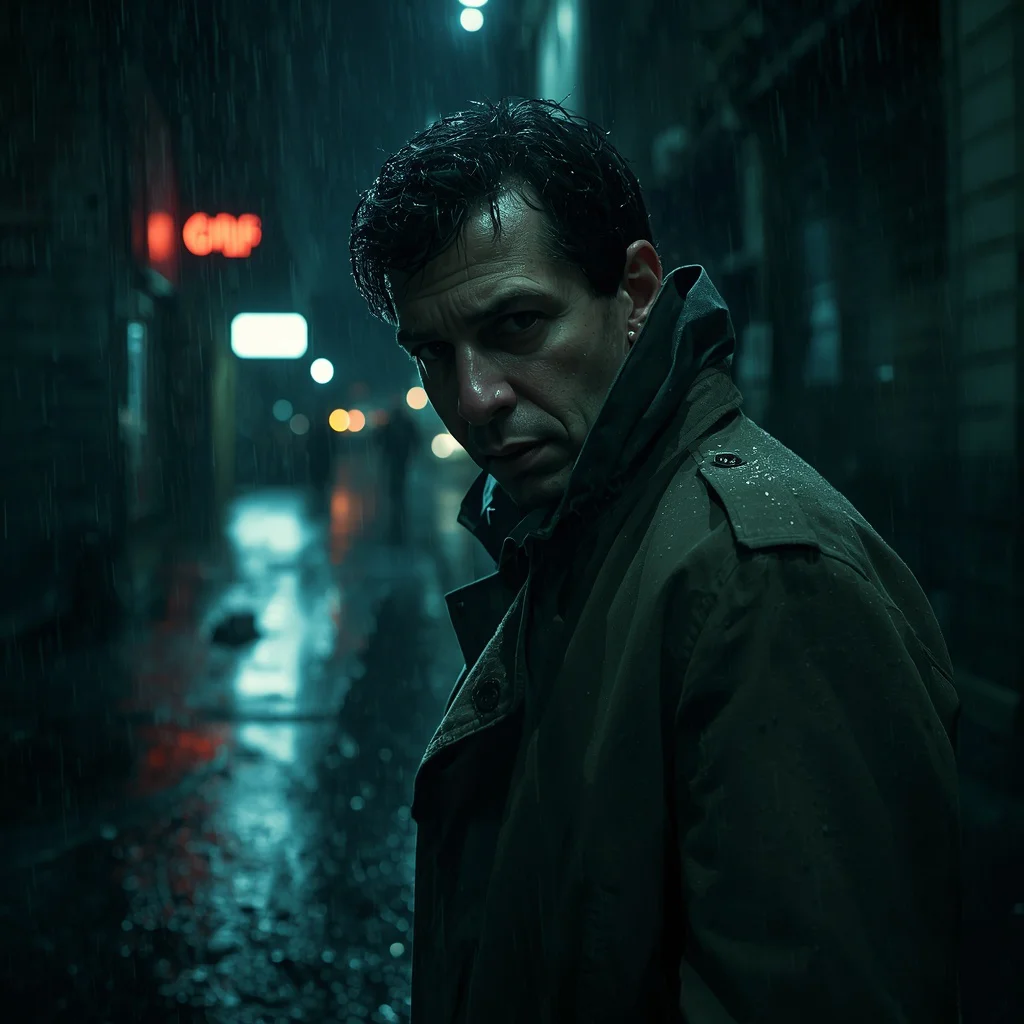Rainy Alley Detective: A Man’s Gritty Urban Scene | image prompt