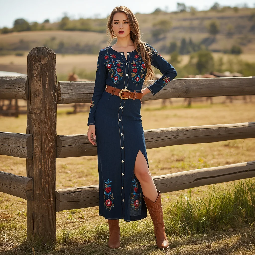 Ranch Style Glam: Embroidered Denim Maxi Dress with Boots | Chatgpt photo editing styles for girl