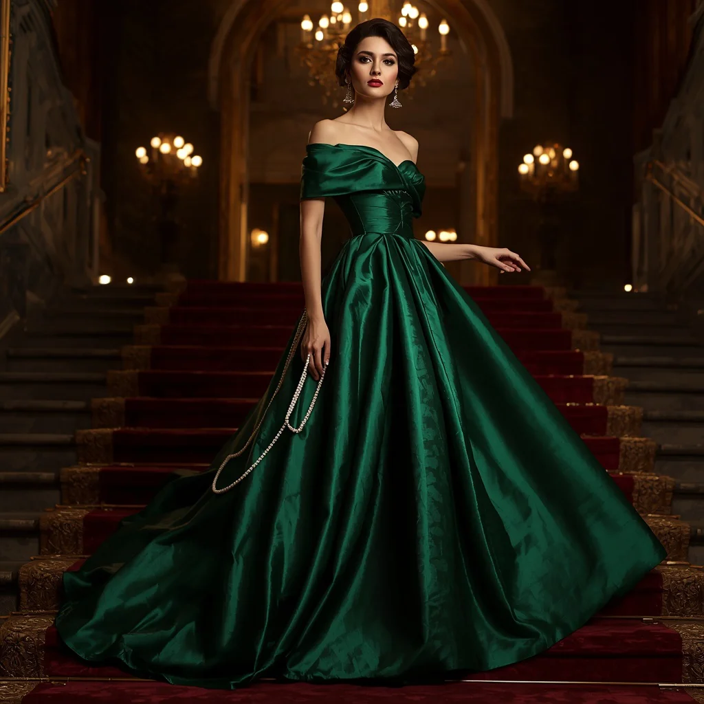 Regal Elegance: The Off-Shoulder Emerald Green Gown | gemini ai photo prompt
