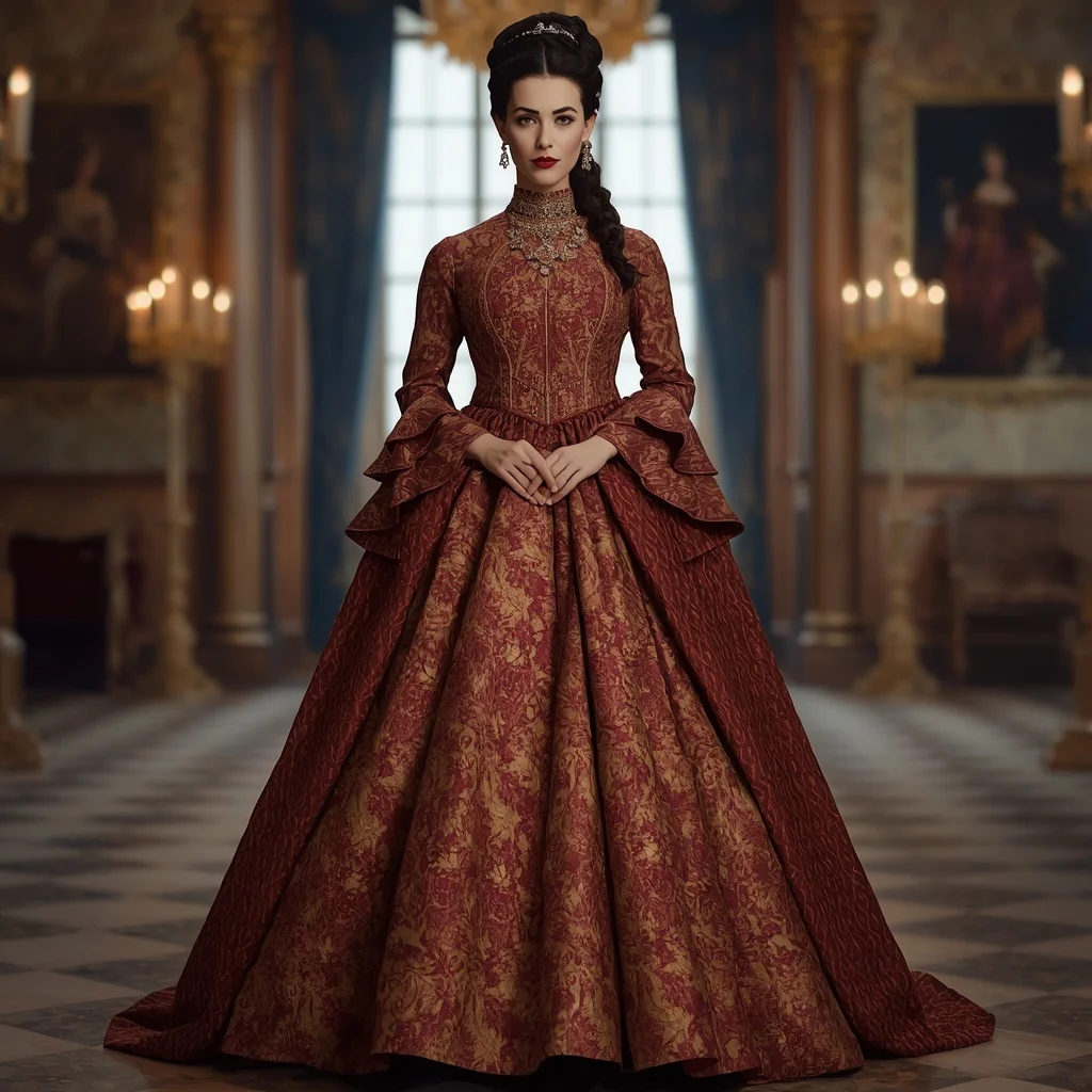 Regal Grandeur: The Brocade Empire Waist Gown with Jewels | Chatgpt photo editing styles for girl