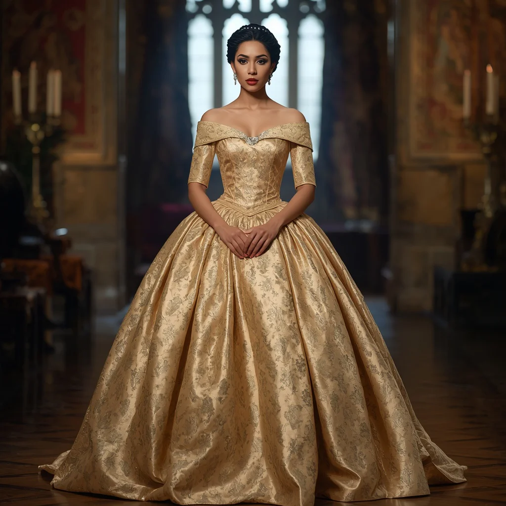 Regal Grandeur: The Gold Brocade Off-Shoulder Gown | ai prompt for instagram