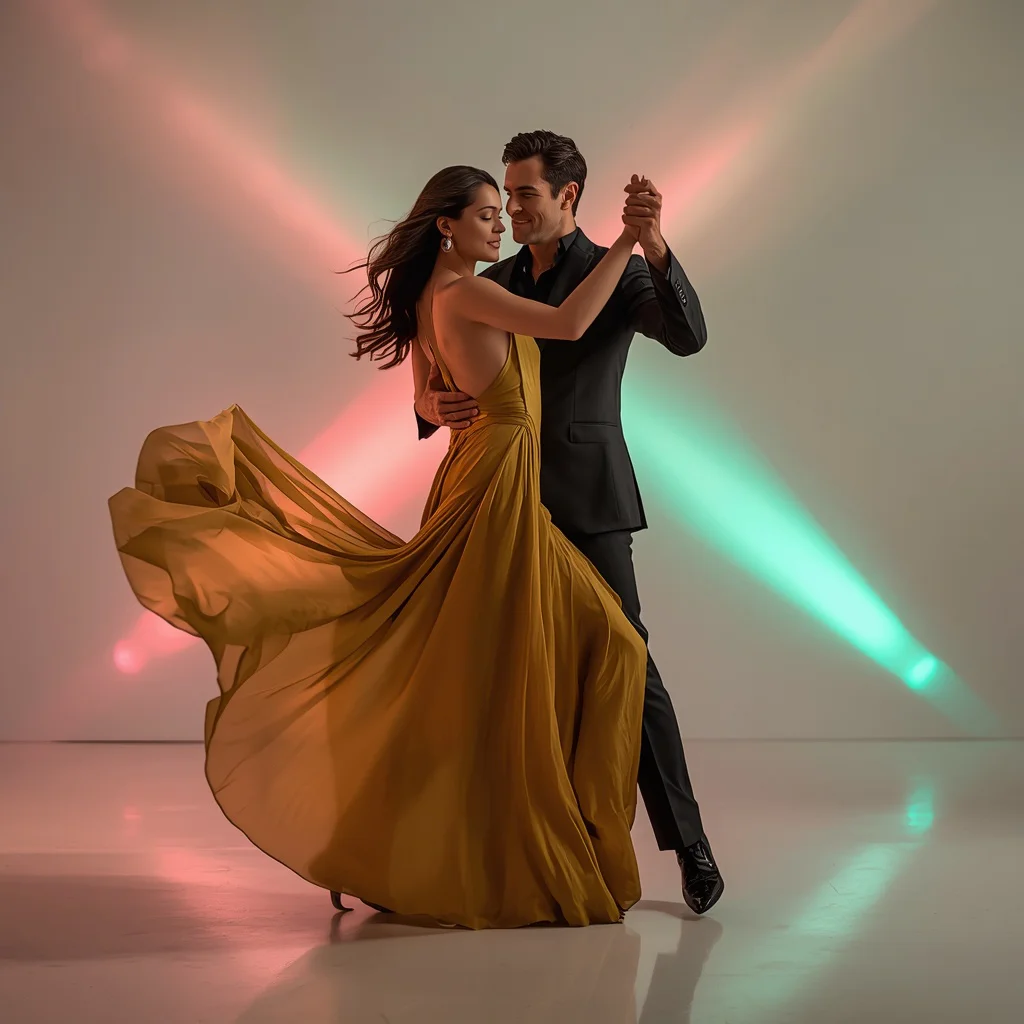 Romantic Couple Dancing in Elegant Gold Studio