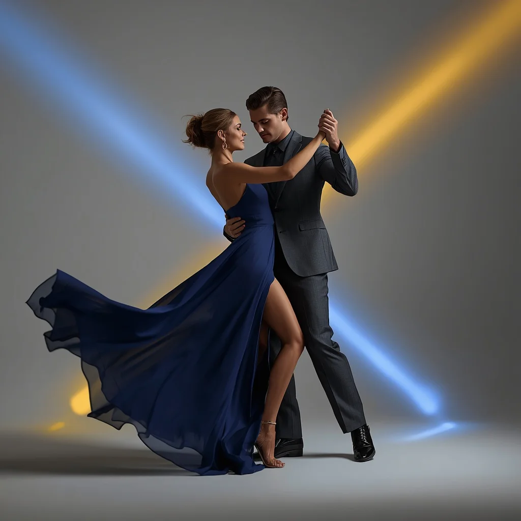 Romantic Couple Dancing in Elegant Navy Studio