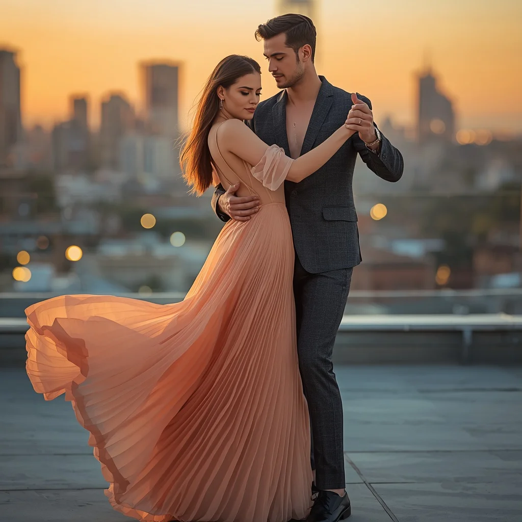 Romantic Couple Dancing In Golden Hour City Light
