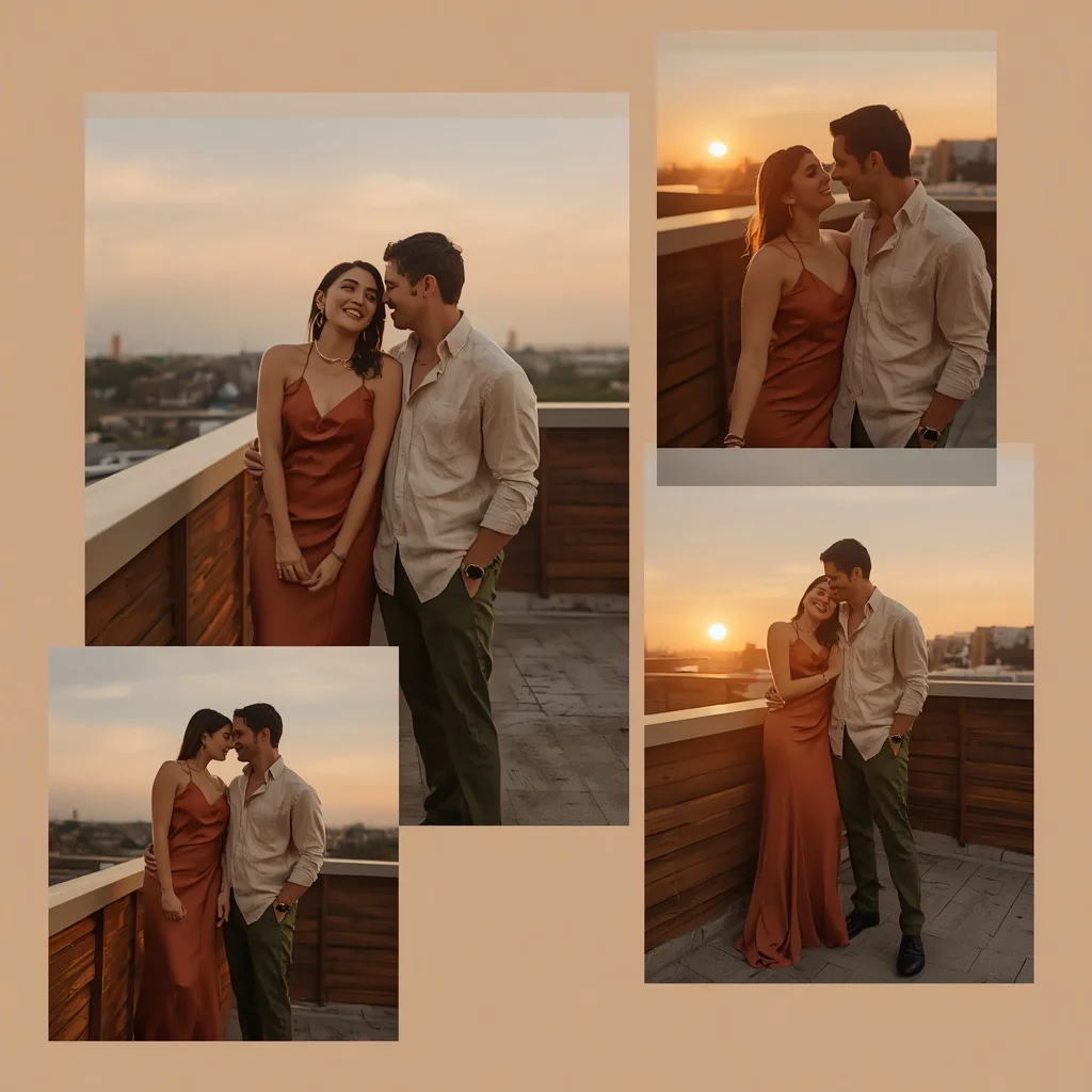 Romantic Couple in Earth Toned Party Wear Rooftop Terrace | Romantic couple AI prompts for chat GPT
