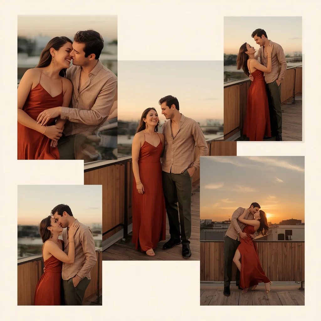 Romantic Couple in Earth Toned Party Wear Rooftop Terrace | Romantic couple prompts