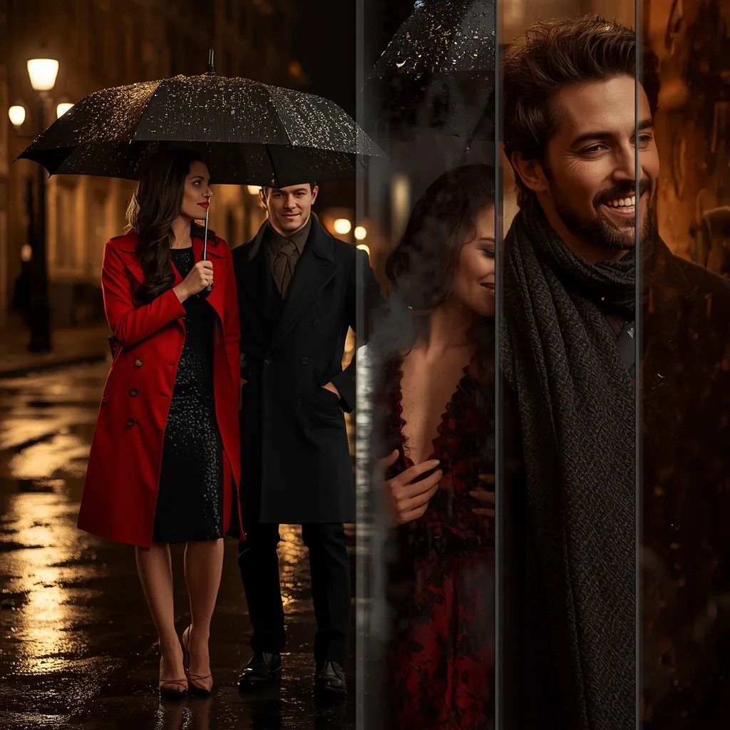 Romantic Couple in Elegant Western Attire on Rainy Street | Prompt seen trending boy AI photo