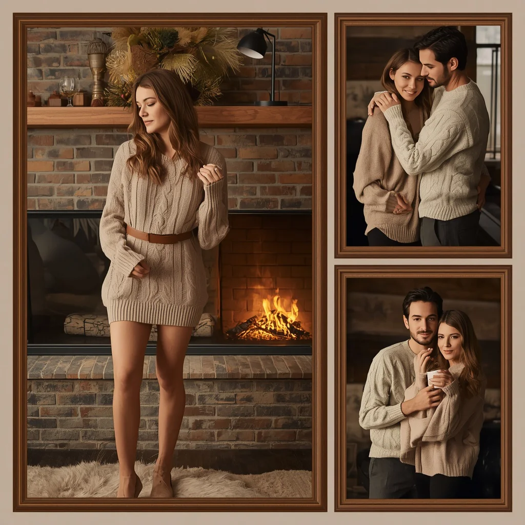 Romantic Couple in High Fashion Knitwear Cozy Winter Cabin | ai image prompt