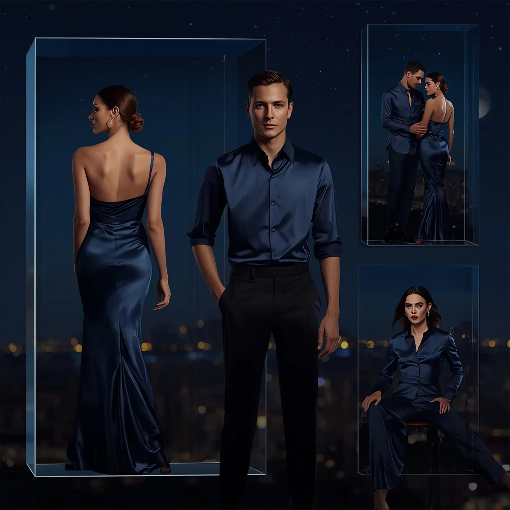 Romantic Couple in Midnight Blue Satin Outfits Floating Glass | couple dp ai prompt