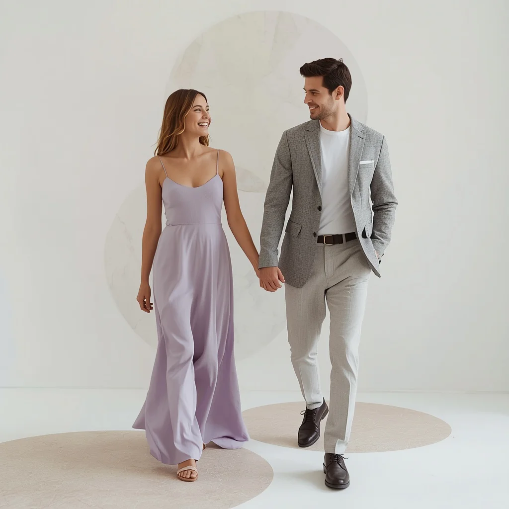 Romantic Couple In Minimalist Lavender And Light Gray