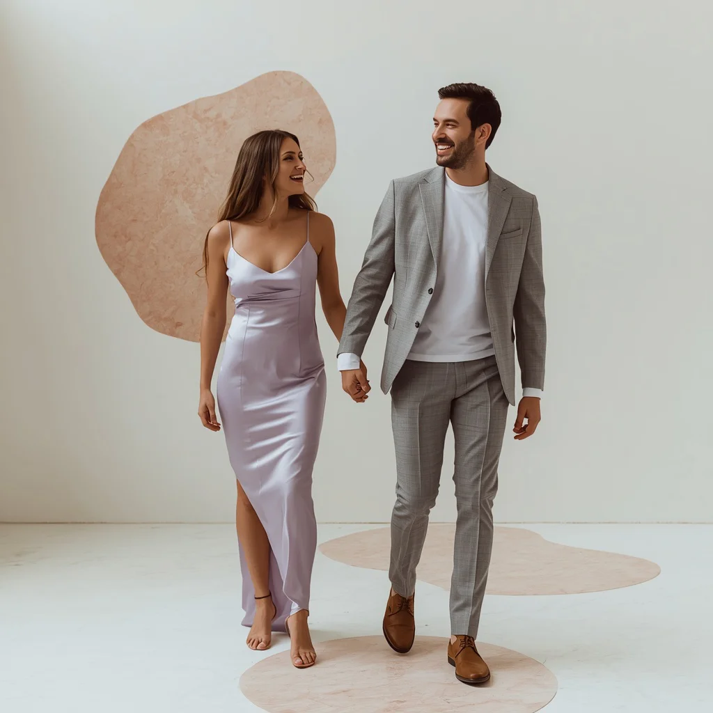 Romantic Couple In Minimalist Pastel Silk Cocktail Wear