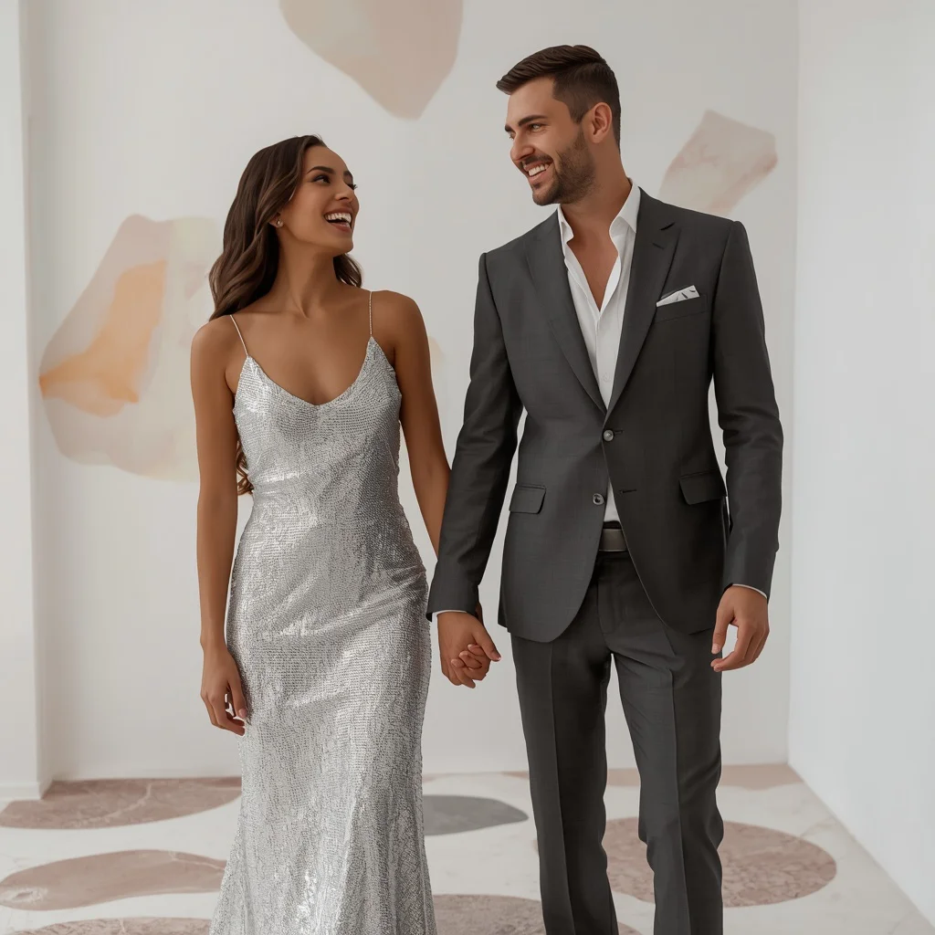 Romantic Couple In Shimmering Silver Sequins And Gray