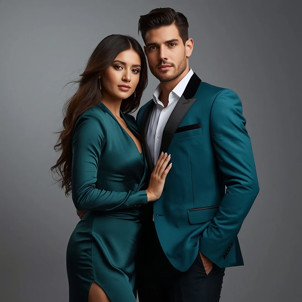 Romantic Couple in Sophisticated Teal Evening Wear