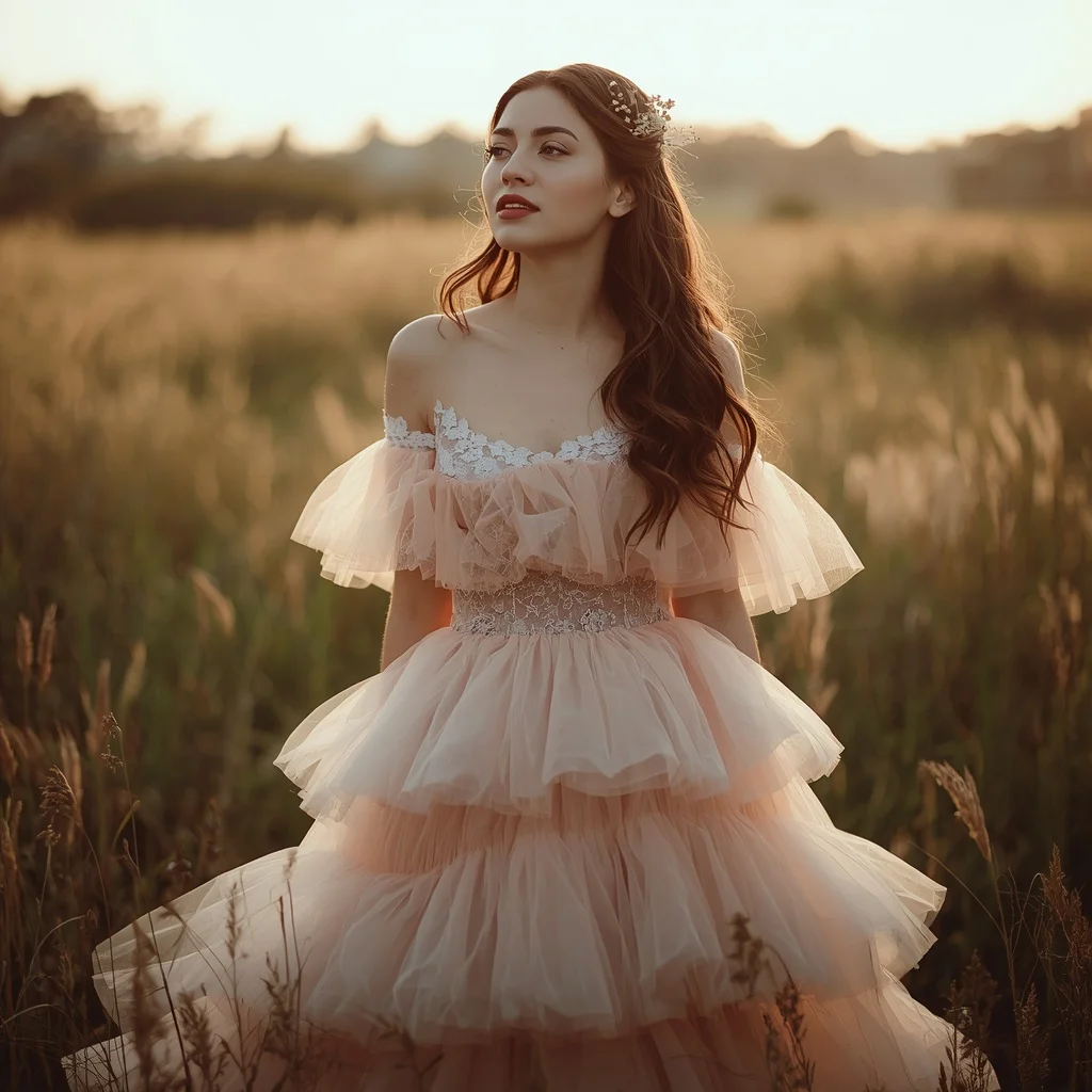 Romantic Elegance: A Woman in a Tiered Tulle Gown in a Dreamy Setting | prompt engineering