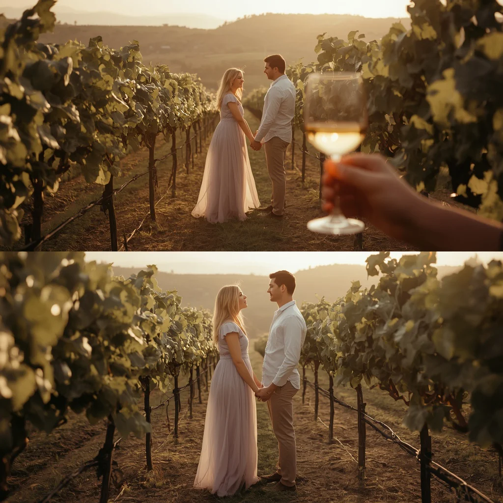 Rustic Vineyard Romance: A Wine Country Couple Portrait | Romantic couple prompt for ChatGPT