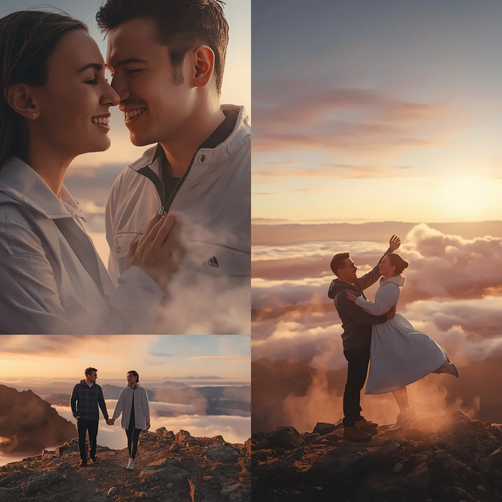 Serene Mountain Top Cinematic Couple Collage with Cloudscape | Realistic couple photo prompt