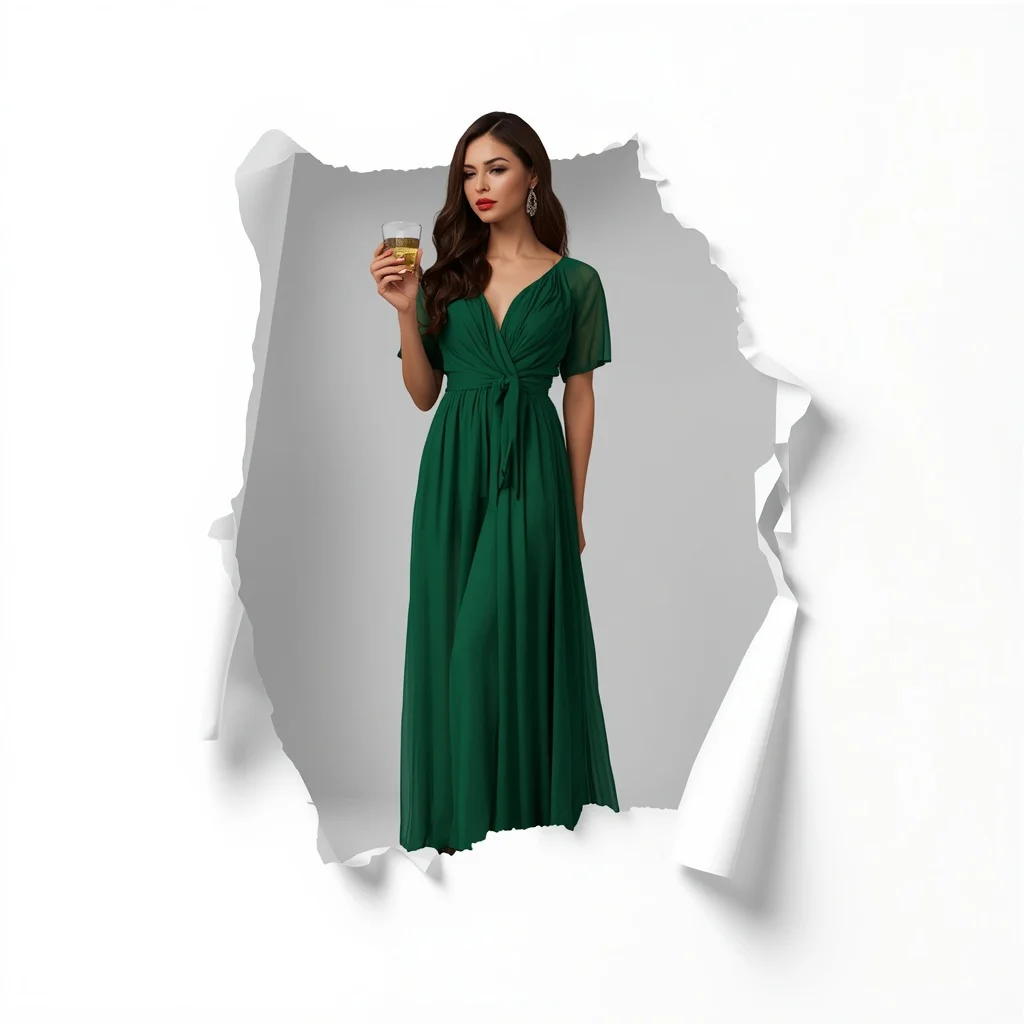 Sophisticated Emerald Green Chiffon Maxi Dress with a Sparkling Drink | character design ai prompt