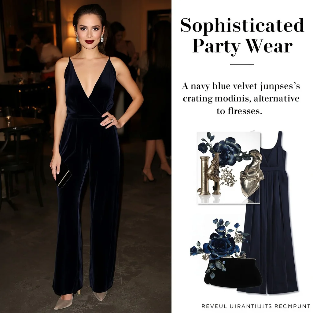 Sophisticated Party Wear: A Navy Blue Velvet Jumpsuit | Prompt seen girl kurti