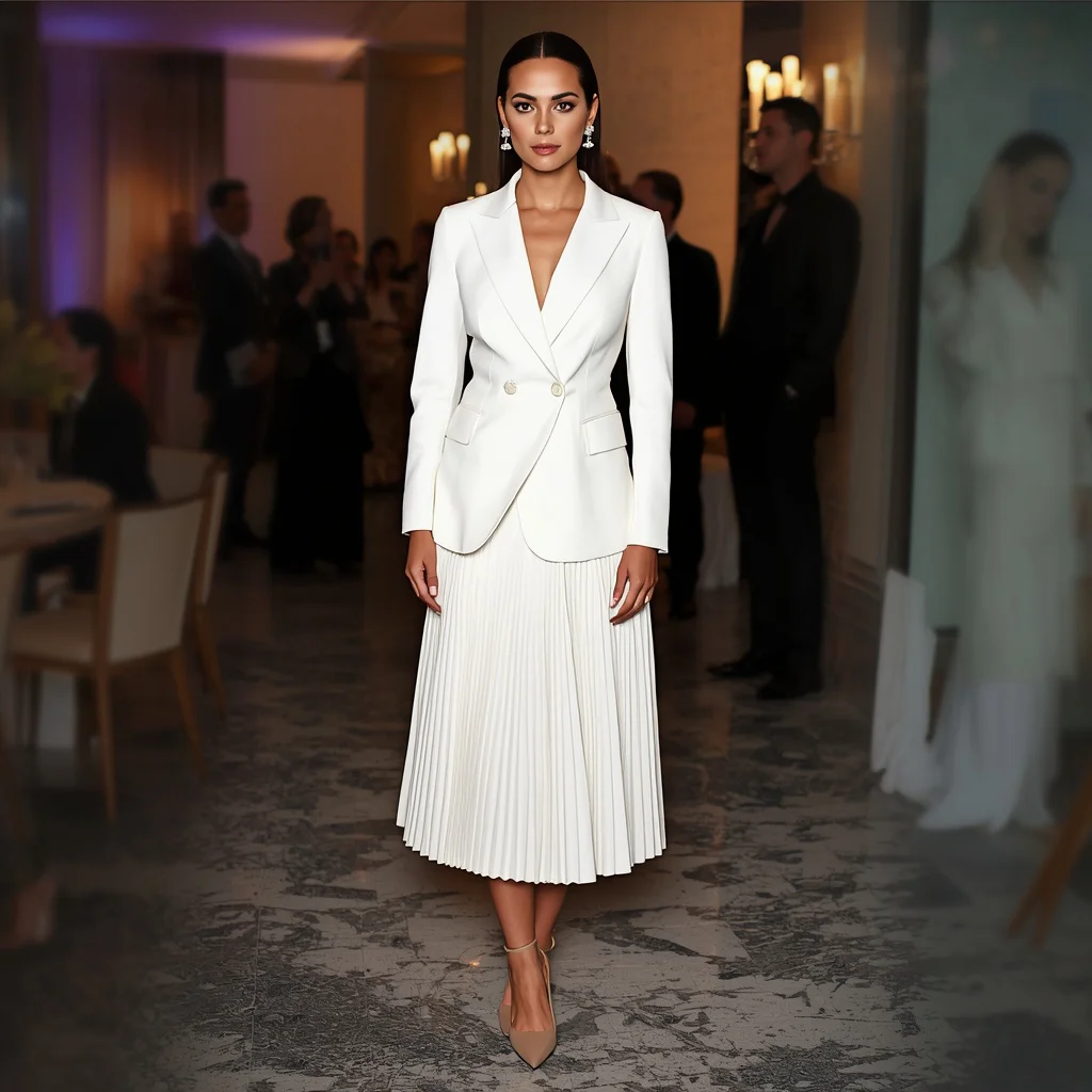 Sophisticated White Blazer Dress with Pleated Skirt for an Elegant Gathering | New instagram trend prompt for girl and boy