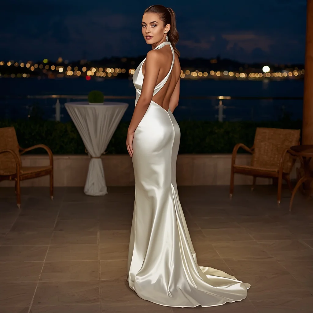 Sophisticated White Satin Halter Gown for a Summer Gala | gemini ai photo prompt
