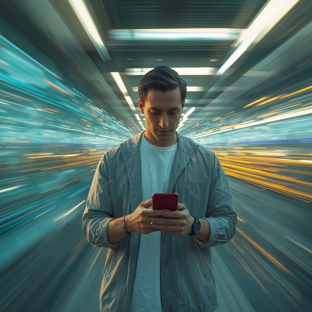 Speed-Light Overlap: Man and His Red Smartphone in Motion