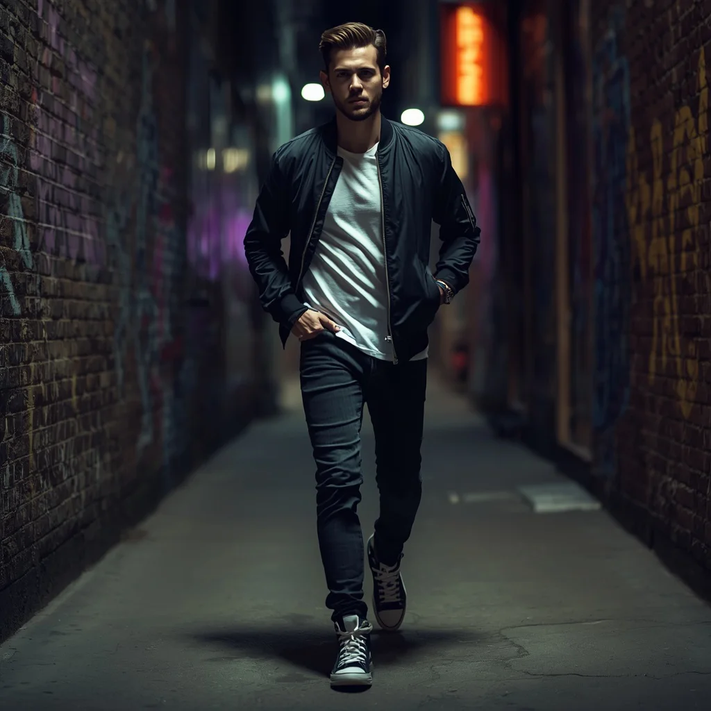 Stylish Man’s Confident Stride in an Urban Alleyway | profile picture ai prompt