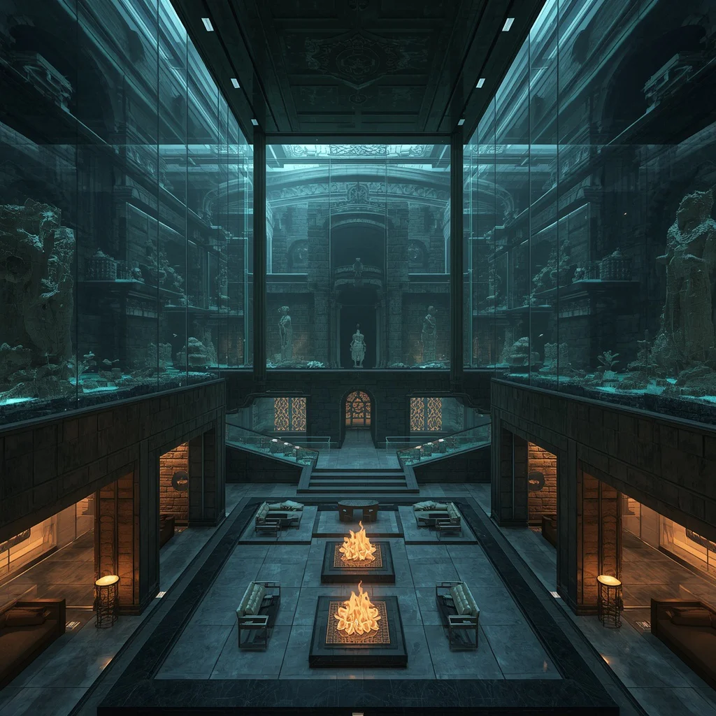Submerged Ancient Sandstone Stepwell Repurposed as Cyberpunk Mansion