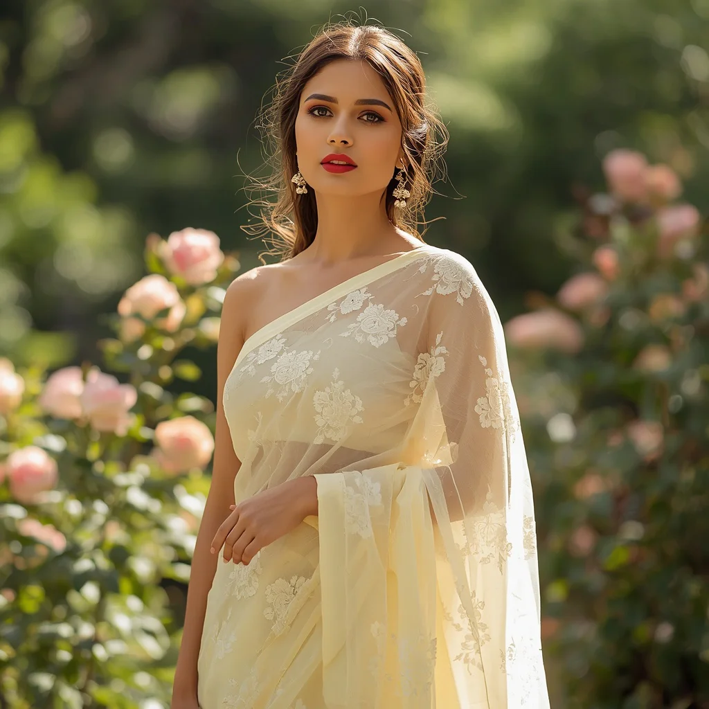 Summer Organza Saree with Delicate Floral Embroidery | gemini girl photo prompt indian style instagram