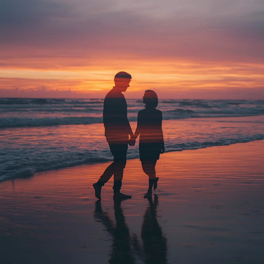 Sunset Beach Romance: A Couple’s Double Exposure Silhouette | husband wife ai prompt
