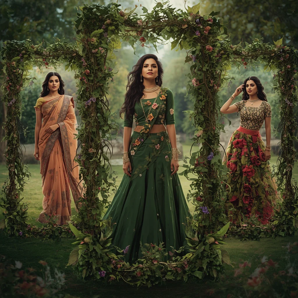Surreal Botanical Growth Collage: Indian Woman in Living Floral Attire