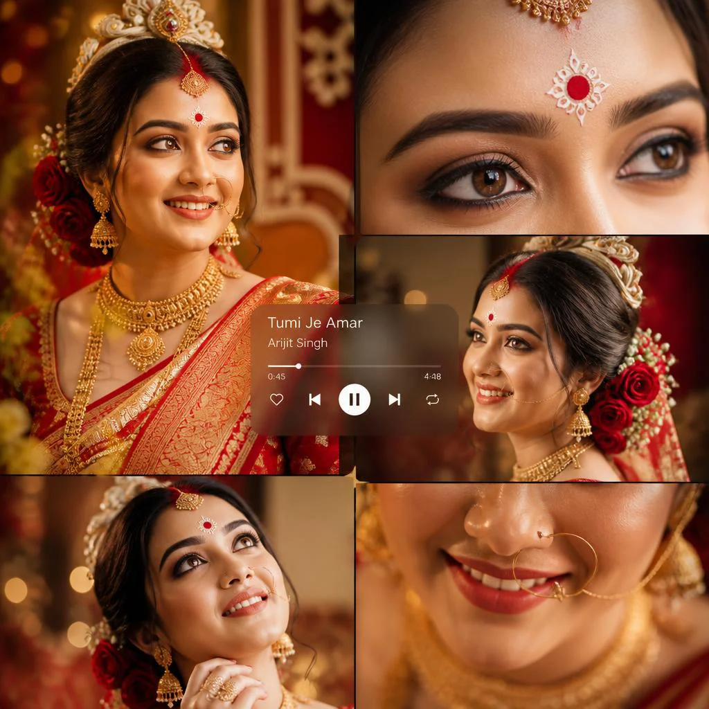 Traditional Bengali Bride: Red Saree and Gold Ornaments | Trending blue saree prompt
