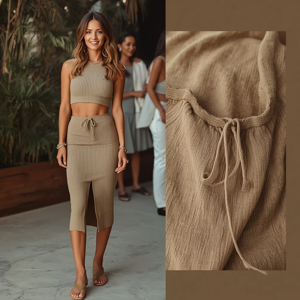 Trendy Two-Piece Knit Skirt Set in Neutral Tones for a Casual Party | Prompt trending girl 2026
