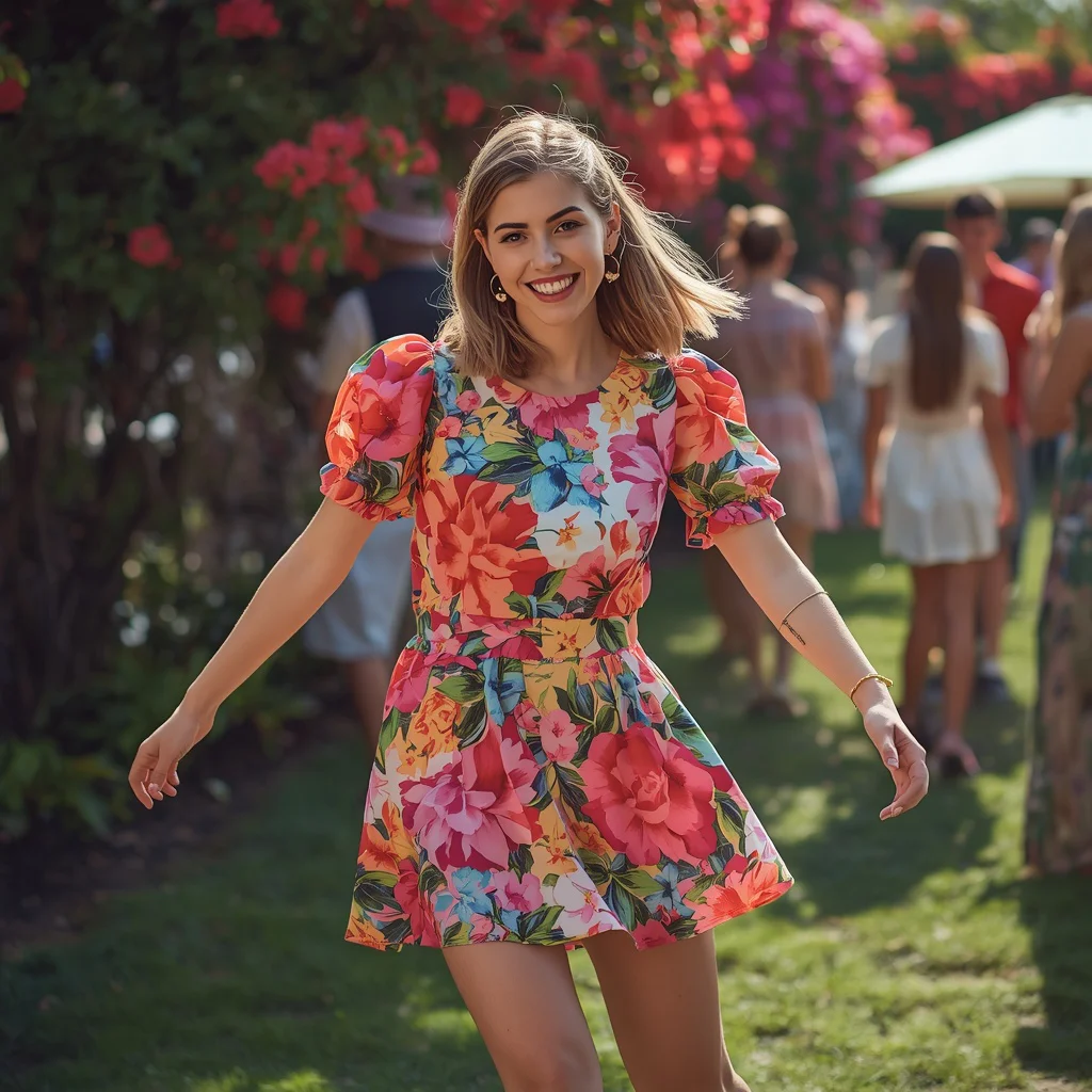 Vibrant Floral Mini Dress with Puff Sleeves for a Lively Summer Party