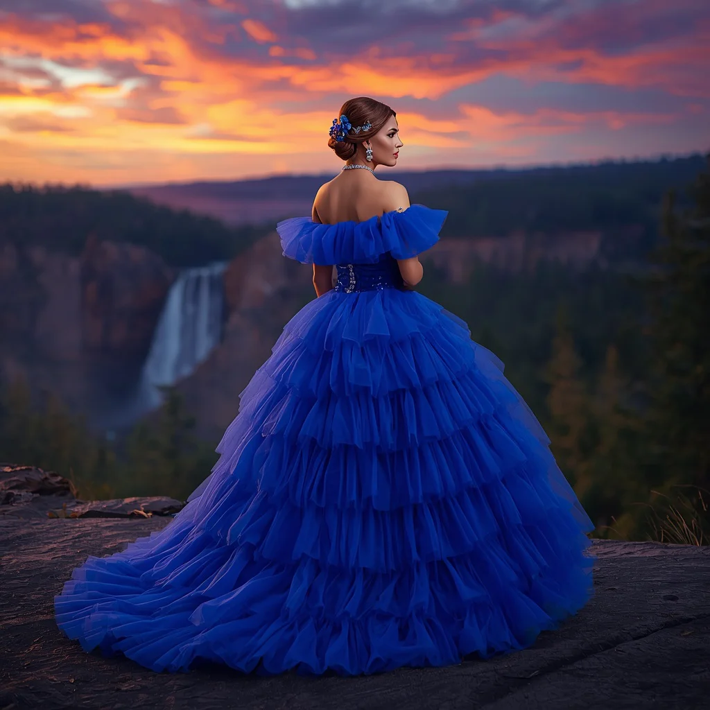 Vibrant Tulle Ball Gown at a Mystical Forest Waterfall at Sunset | chatgpt prompt