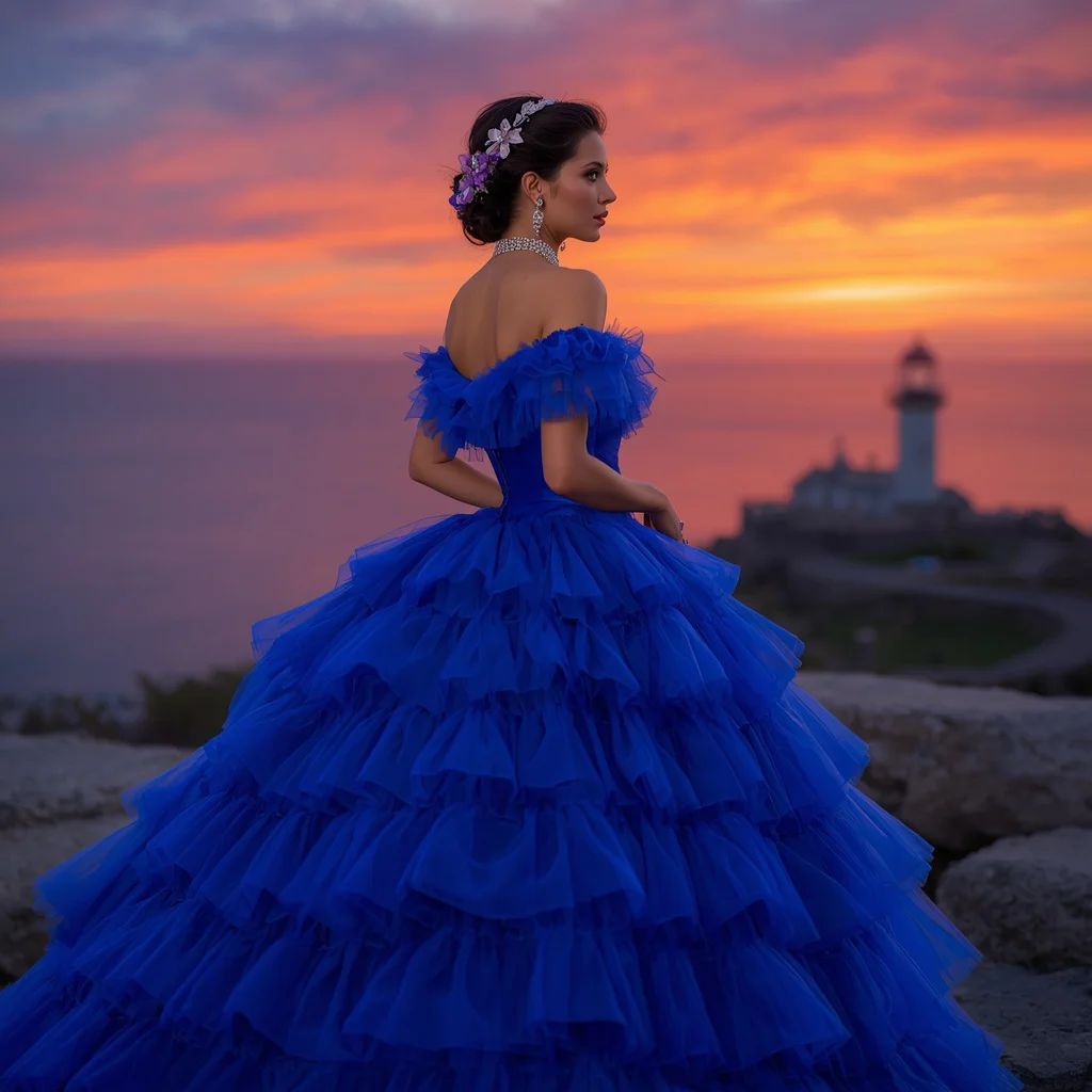 Vibrant Tulle Ball Gown at a Romantic Lighthouse at Sunset | ai image prompt