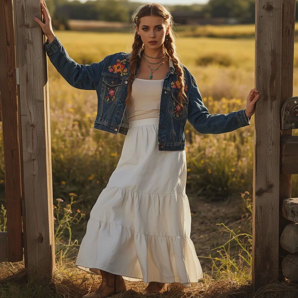 Western Boho Chic: Embroidered Denim Jacket and Flowy Skirt | korean ai prompt