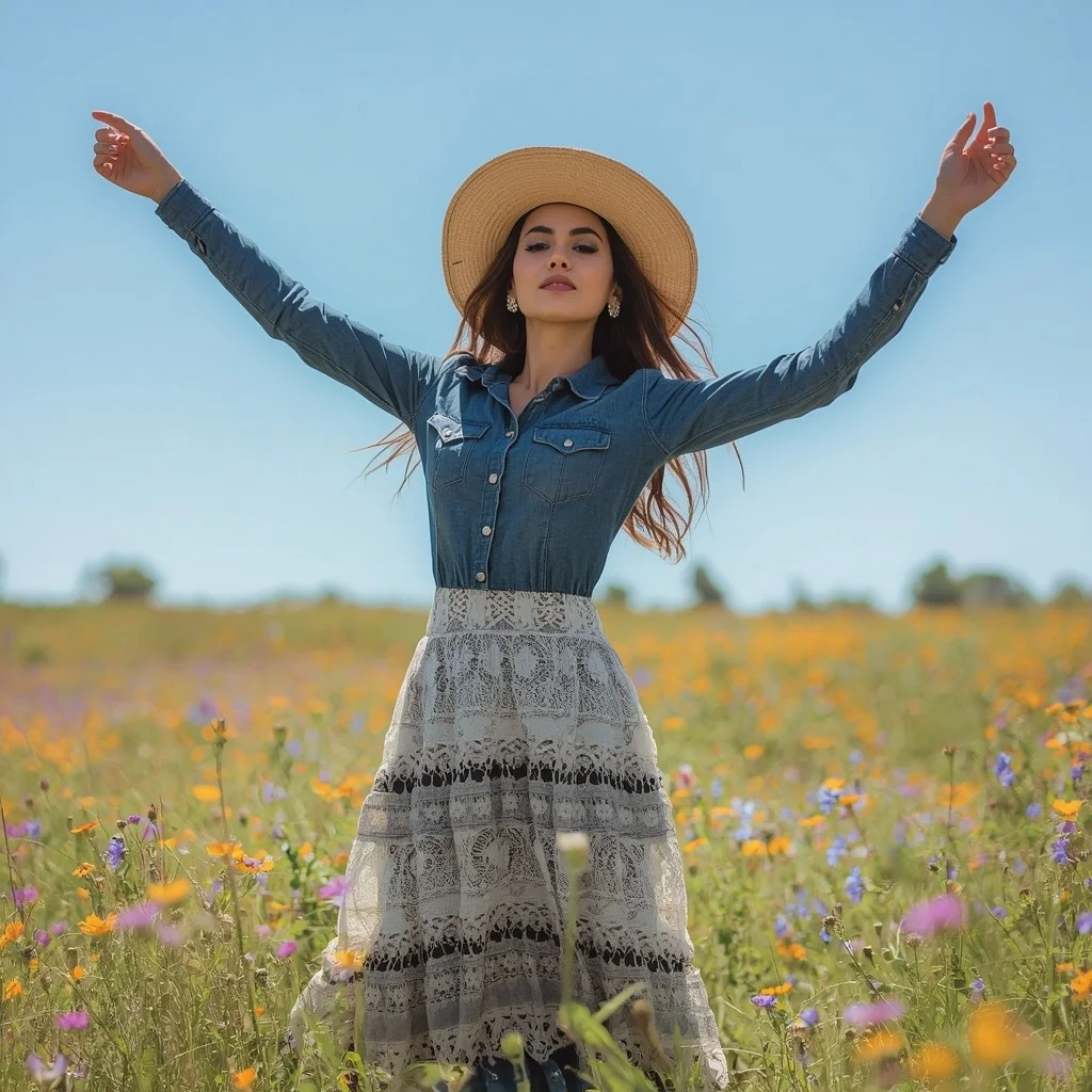 Western Country Enchantress: The Denim and Crochet Maxi Dress | text to image prompt