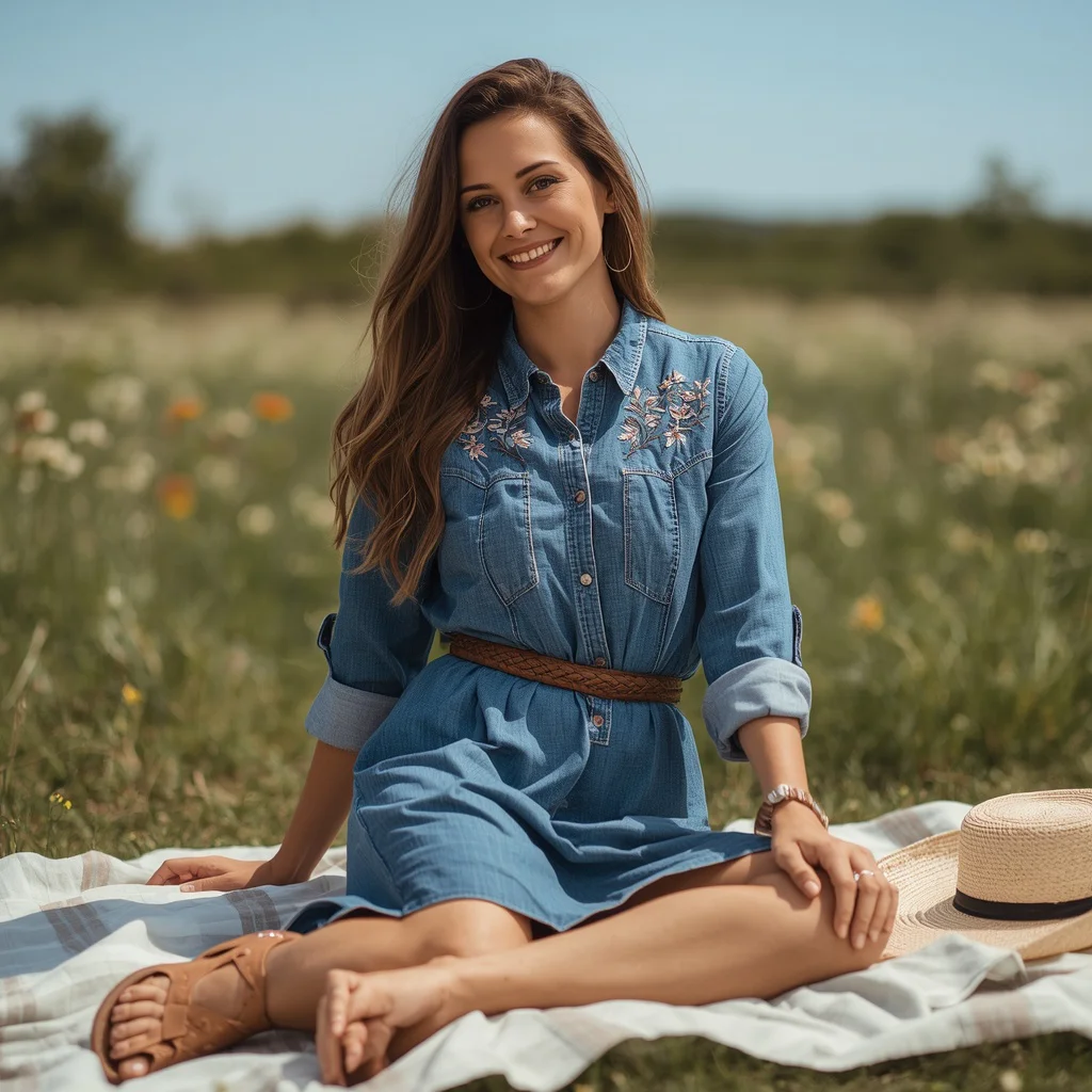 Western Embroidered Denim Dress for a Rustic Outdoor Picnic | Trending prompt girls