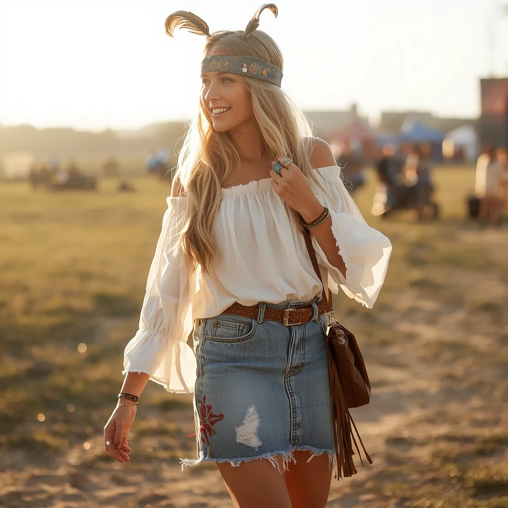 Western Inspired Embroidered Denim Skirt for a Rural Festival | gemini prompt