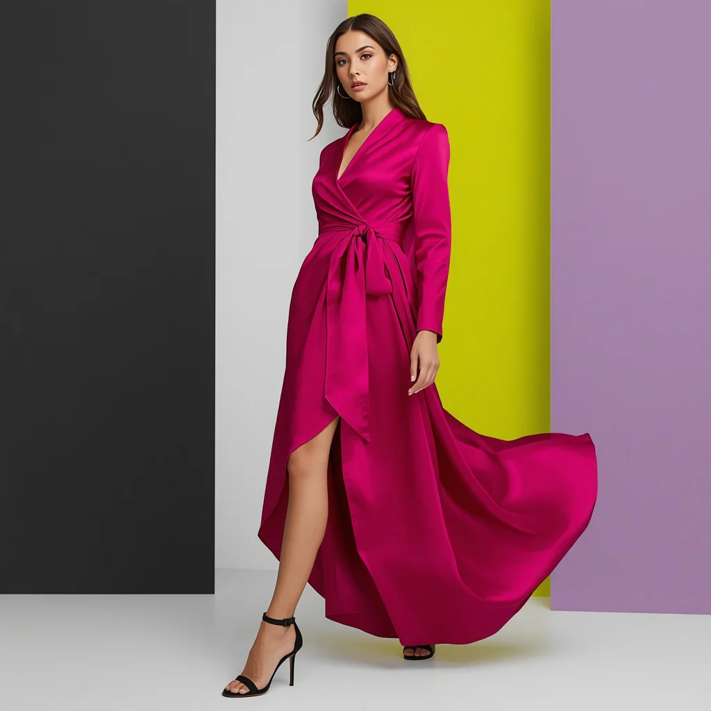 Western Party Wear Dress In Vibrant Fuchsia Satin