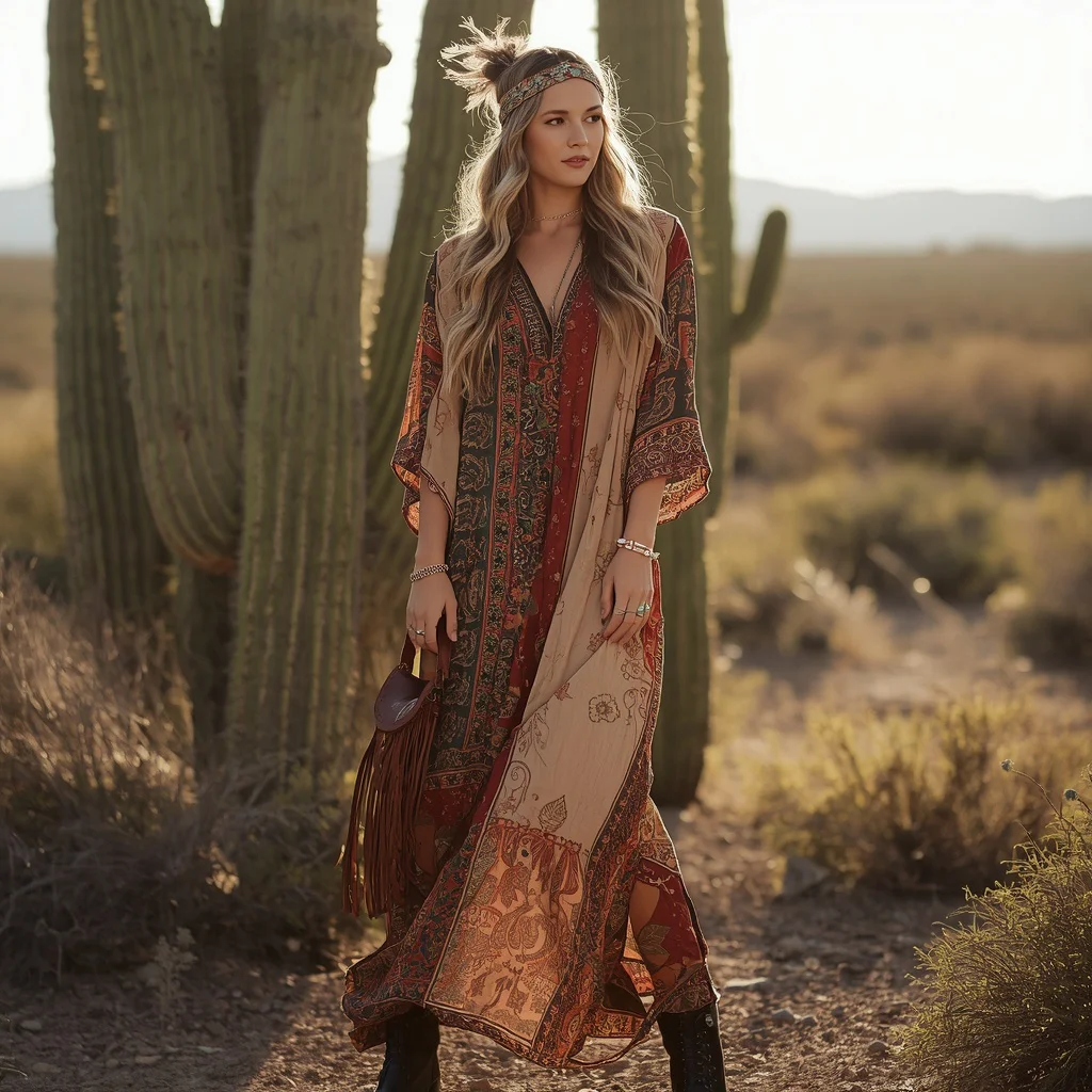 Western Style Flowing Maxi Dress for a Boho Desert Vibe | Trending prompts for Instagram for girl