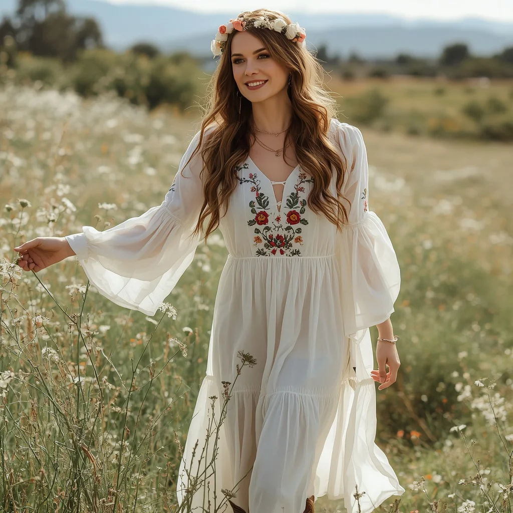 Western Themed Event: Floral Embroidered Peasant Dress with Cowboy Boots | saree ai prompt