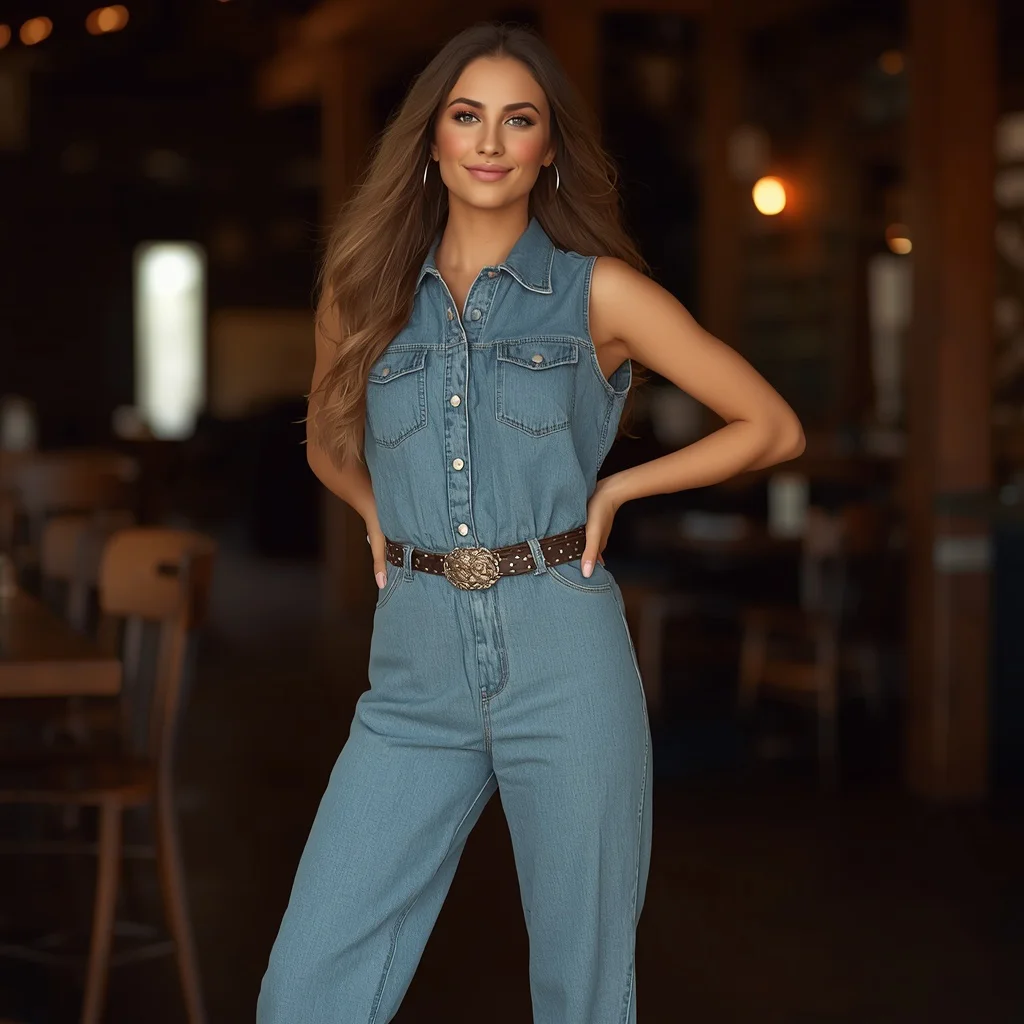 Western Themed Fashion: A Denim Jumpsuit with Cowboy Boots | prompt gemini