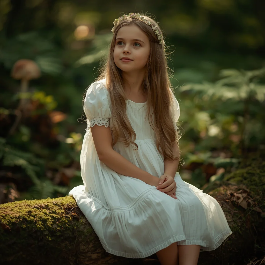 Whimsical Woodland Fairy in a Flowing White Dress | prompt for girls college ai photo editing
